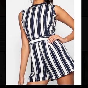 Boohoo High Neck Striped Romper, US-8, Blue & White. NWT